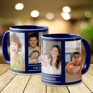 Skapa Ditt Eget Familjenamn 3 Foto Collage Blå Mugg