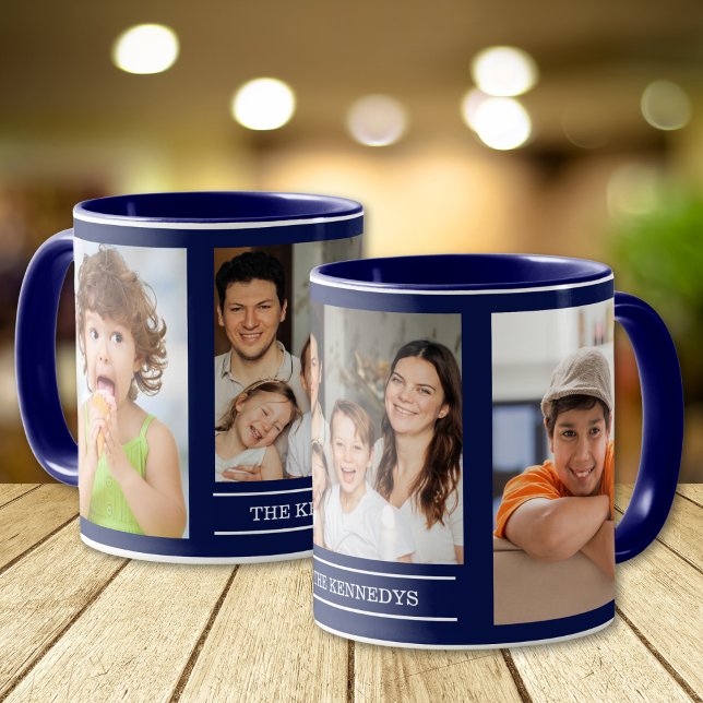 Skapa Ditt Eget Familjenamn 3 Foto Collage Blå Mugg (Skapare uppladdad)