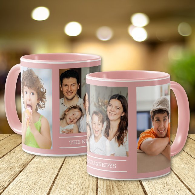 Skapa Ditt Eget Familjenamn 3 Foto Collage Rosa Mugg (Skapare uppladdad)