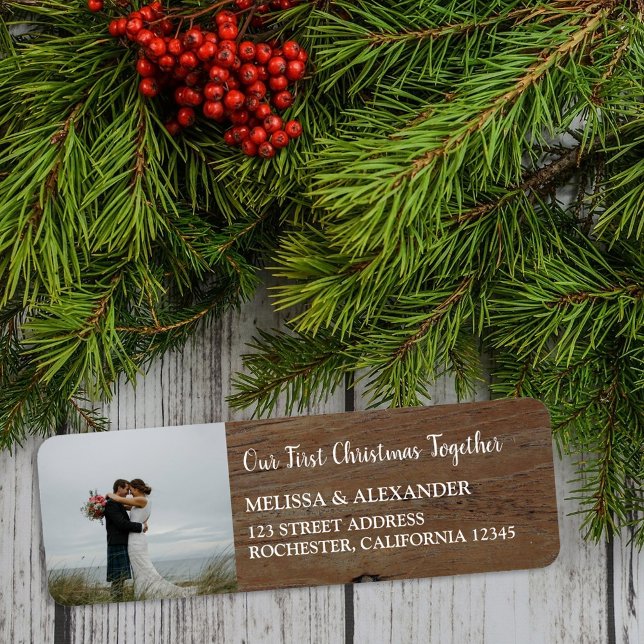 Skapa ditt eget första julfoto tillsammans returadress etikett (Create your own first Christmas Together photo Label.)