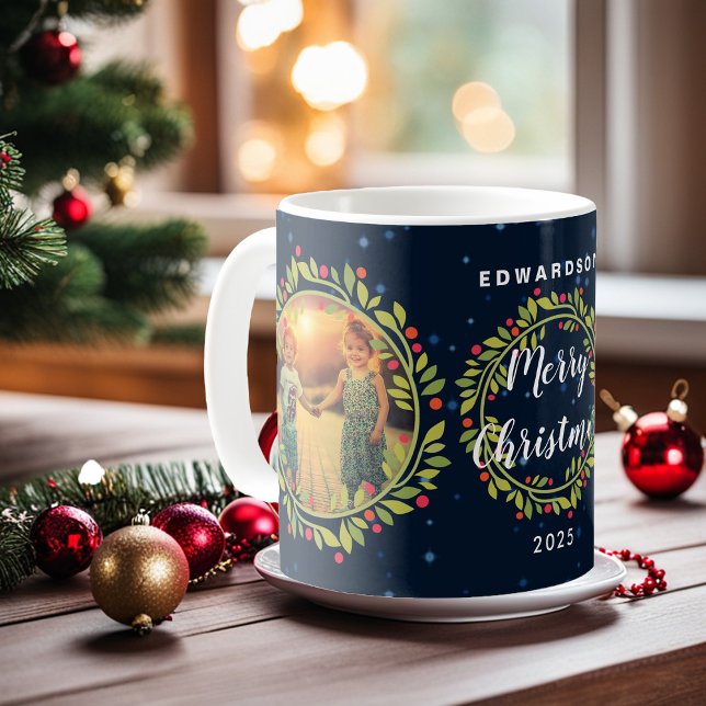 Skapa ditt eget God Jul familjefoto Kaffemugg (Create your own Merry Christmas family photo Coffee Mug. You can add your own photo, text and name.)