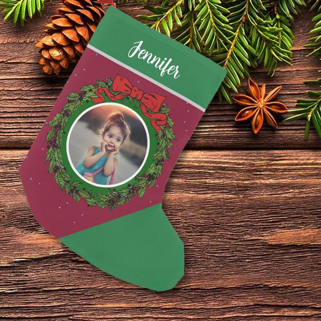 Skapa ditt eget julfoto liten julstrumpa (Create your own Christmas photo monogrammed stocking. You can add your own photo and name.)