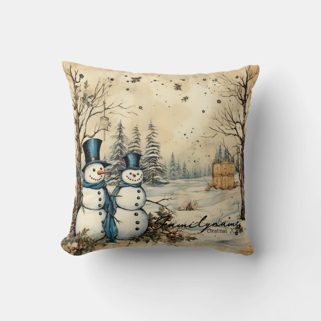 Skapa ditt eget Lycklig Winter Snögubbe par Kudde (Framsida)