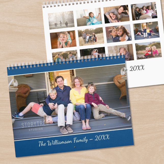 Skapa Ditt Eget Moderna Blå Omslagsfoto Kalender (Create Your Own Modern Blue Cover Photo Calendar, front/back)