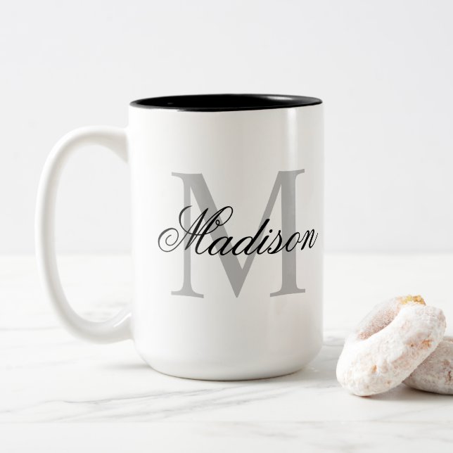 Skapa ditt eget namn, Monogram Calligraphy Black Två-Tonad Mugg (Med munk)
