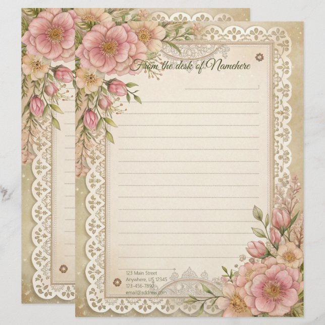 Skapa Ditt Eget Romantiska Spetsblommor Brevpapper (Fram/baksida)