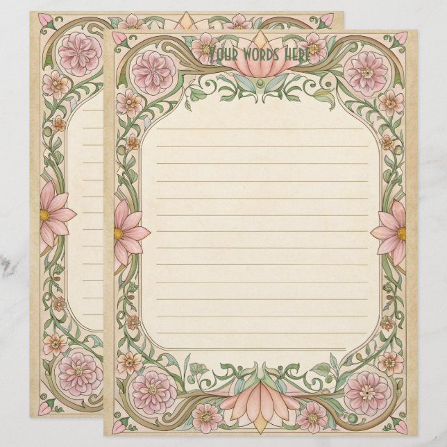 Skapa Ditt Eget Rosa Blommiga Art Deco Notpapper Brevhuvud (Fram/baksida)