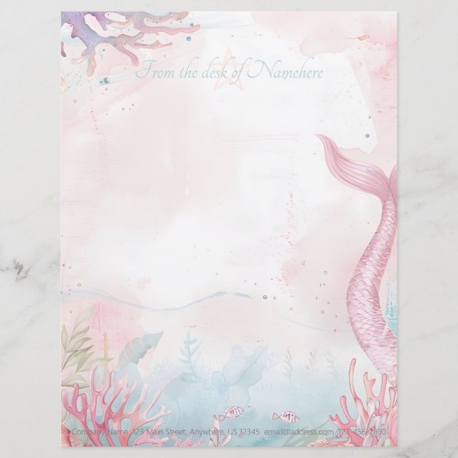 Skapa Ditt Eget Rosa Siren Svans Havslandskap Brevhuvud (Framsida)