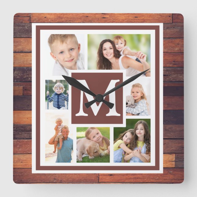 Skapa ditt fotokollage Rustic Wood Monogram Fyrkantig Klocka (Framsida)