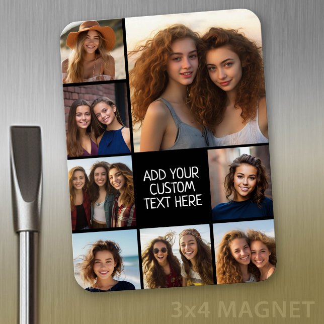 Skapa en anpassad fotokollage med 8 foton magnet (Personalized refrigerator magnet with photo collage and custom text - add 8 photos to this design)