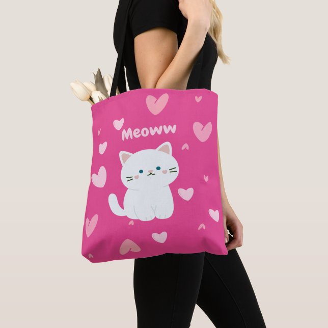 Skapa ett kort med vit kattdesign och Rosa Tygkasse (Närbild)