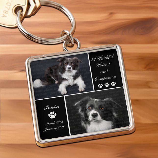 Skapa minnesfotomall för Hund Fyrkantig Silverfärgad Nyckelring (Pet Memorial Dog Photo Template Tribute Keychain with 2 photo slots)