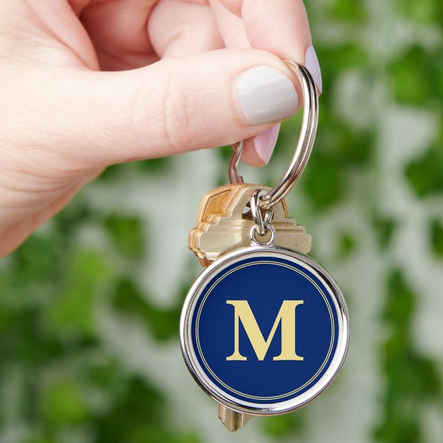 Skapa Personlig Blue Guld Monogram Keychain Rund Silverfärgad Nyckelring (Create Personalized Blue Gold Monogram Keychain)