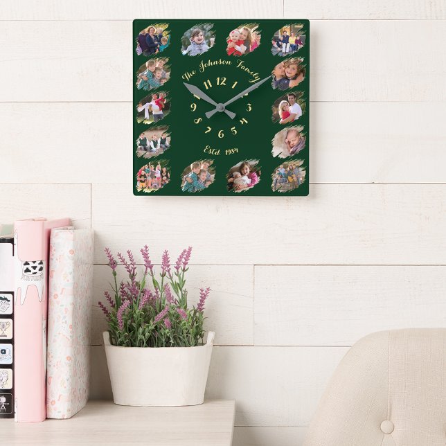 Skapa Personlig Familjefotocollage Anpassad Fyrkantig Klocka (Create Personalized Family Photo Collage Custom Square Wall Clock)