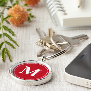 Skapa Personlig Red White Monogram Keychain Rund Silverfärgad Nyckelring