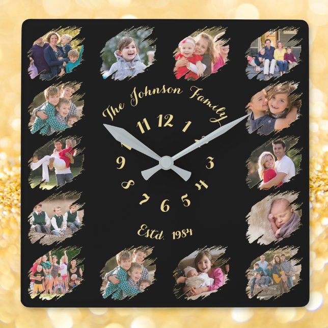 Skapa Personlig Skräddarsydd Familjefotocollage Fyrkantig Klocka (Create Personalized Custom Family Photo Collage Square Wall Clock)