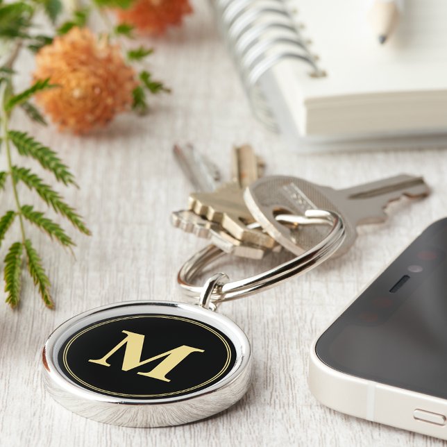 Skapa Personlig svart Guld-nyckelkedja Rund Silverfärgad Nyckelring (Create Personalized Black Gold Monogram Keychain)