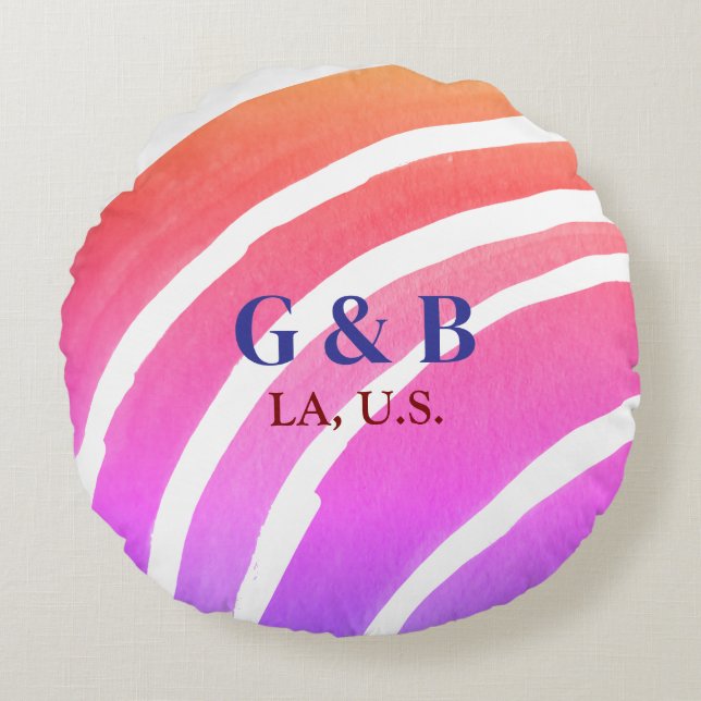 Skapa regnbåge rosa gul bröllopsdag med namn på pl rund kudde (Framsidan)