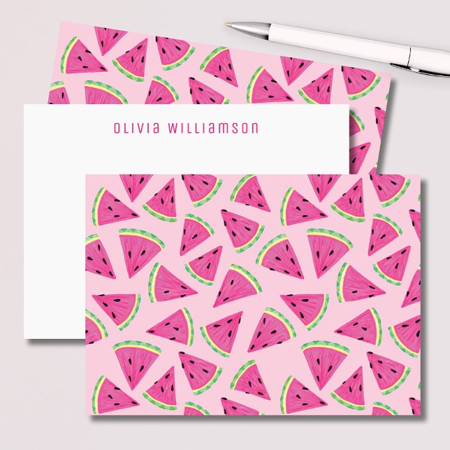 Skapad Rosa Vattenmelon Frukt Anteckningskort (Colorful pink, tropical watermelon slice notecards. Customize with your own name or choice of text.)