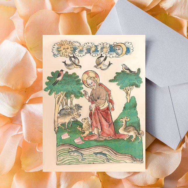 Skapande av världen - bibelmanuskript vykort (Creation of the World - Bible Medieval Manuscript Catholic Christian Postcard)