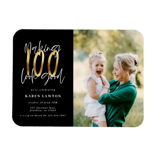 Skapar 100-bra guld födelsedagsinbjudan magnet (Horisontell)