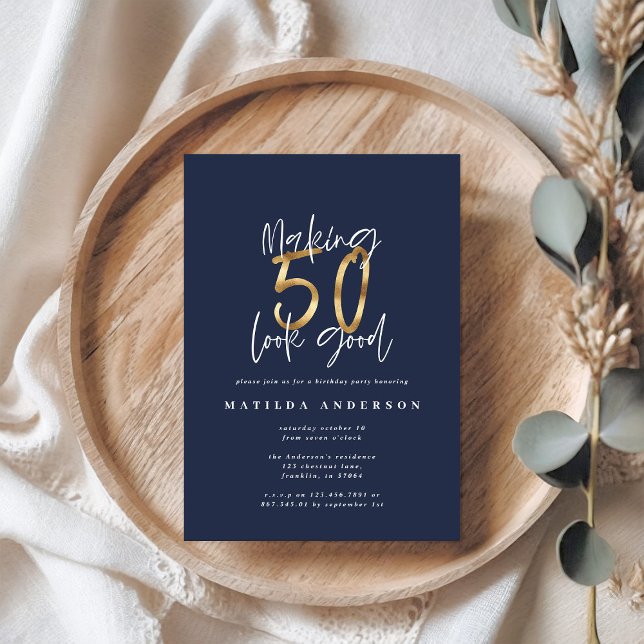 Skapar 50-bra blått guld födelsedagsinbjudan (Skapare uppladdad)
