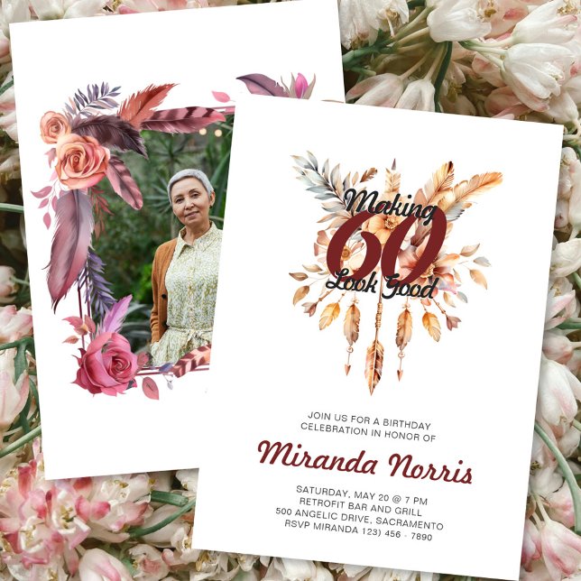 Skapar 60 Se Bra 60:e Rustic Boho Birthday Inbjudningar (Skapare uppladdad)