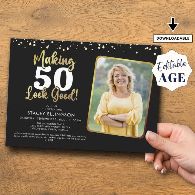 Skapar AGE Titta på Bra Black Guld Photo Birthday Inbjudningar (Skapare uppladdad)