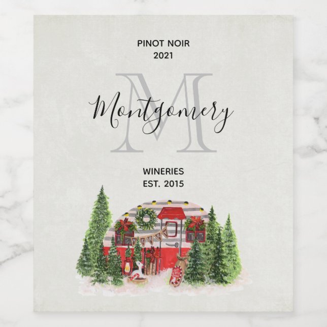 Skapar av julbrickor Camper Rustic Scene Vin Vinflaska Etikett (Singel etikett)