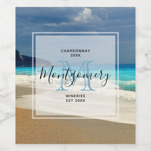 Skapar av Scenia Turcos Blue Sea Beach Photo Vin Vinflaska Etikett (Singel etikett)