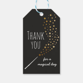 Skapar Märkre för Tack av Magic Födelsedagsfest Presentetikett