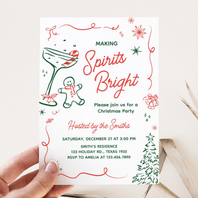 Skapar Spirits Bright Hand plockade jul Party Inbjudningar (Hand Drawn Making Spirits Bright Christmas Party Invitation)
