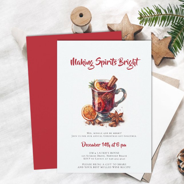 Skapar Spirits Bright Mulled Vin jul Party Inbjudningar (making spirits bright christmas party invitation mulled wine cocktails mixer annual family holiday)