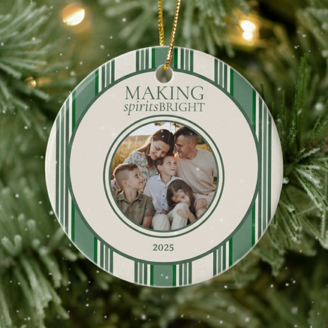Skapar sprit Bright 2 Photo Rand Helgdag Julgransprydnad Keramik (Send holiday greetings with this Making Spirits Bright Two Photo Stripe Holiday Ceramic Ornament!)