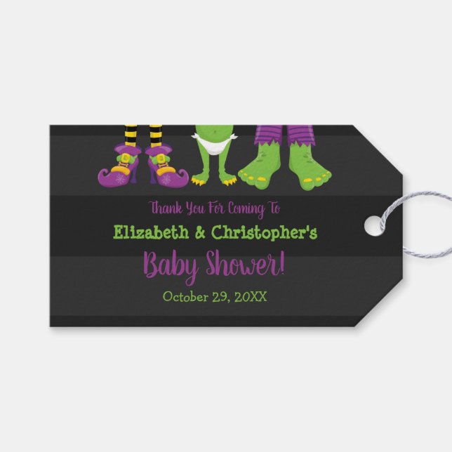 Skapat en monster Halloween Baby Shower Presentetikett (Framsidan (Horisontell))