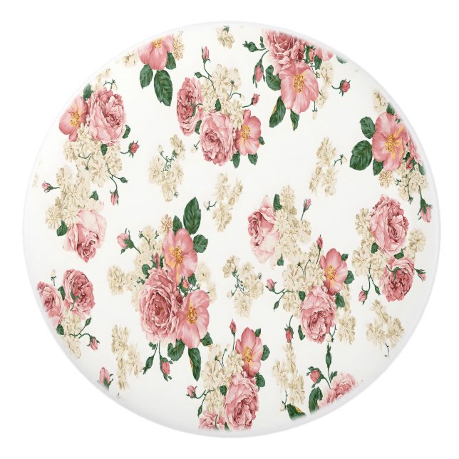 Skåplucka Rosa Vit Rosbukett Klinka Knopp (Framsidan)