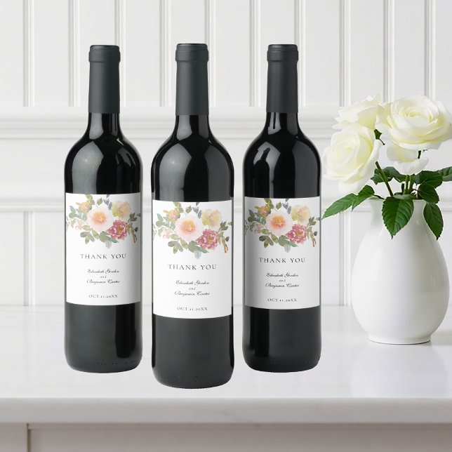 Skåpskript för Dusty Ro Bröllop Elegant Blommigt T Vinflaska Etikett (Skapare uppladdad)