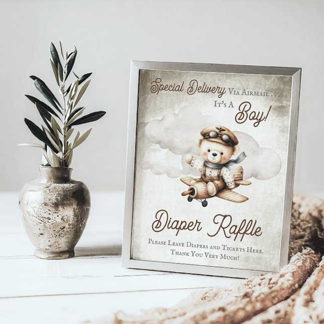 Skåpskylt för Nalle av flygplan Poster ("Special Delivery Via Airmail  It's A Boy!" Teddy Bear | Airplane Baby Shower Diaper Raffle Sign)