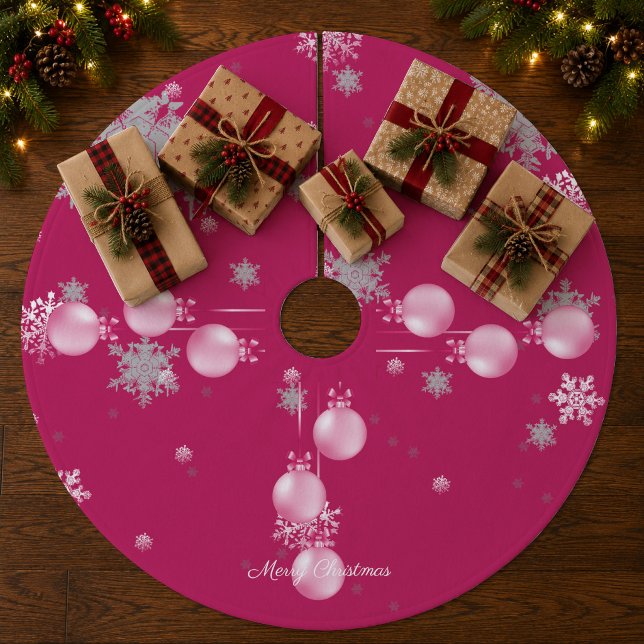 Skär julgransmatta med julgranskulor fleece (Pink Christmas Ornaments Tree Skirt)