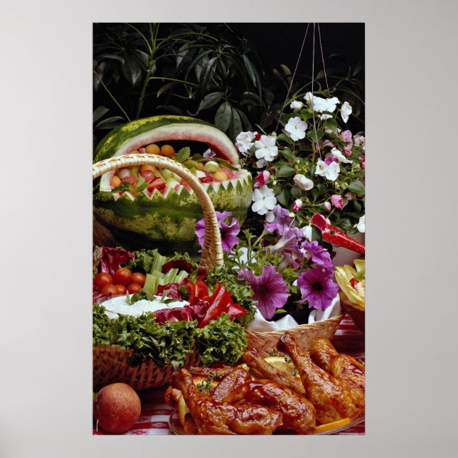 Skär vattenmelonfrukt basket med blommor poster (Framsidan)