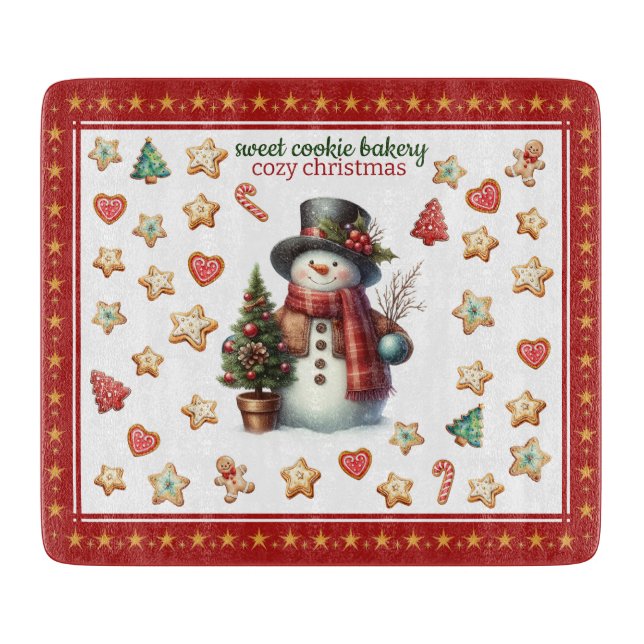 Skärbräda Fyrkantig Snöman och Julgodis (Framsidan)