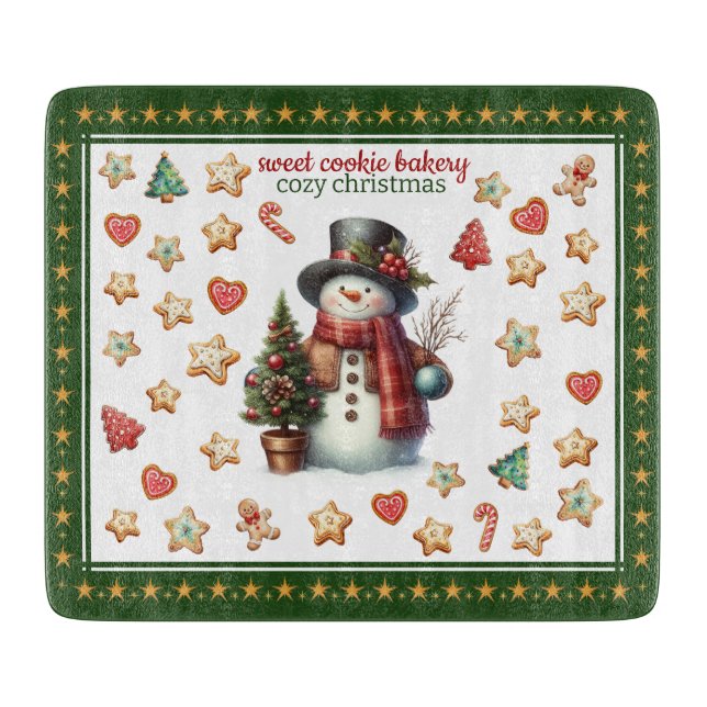 Skärbräda Fyrkantig Snöman och Julgodis (Framsidan)