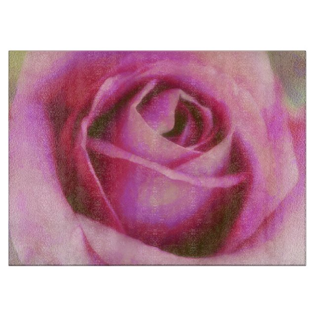 Skärbräda i glas med rosa ros blommig konst (Framsidan)
