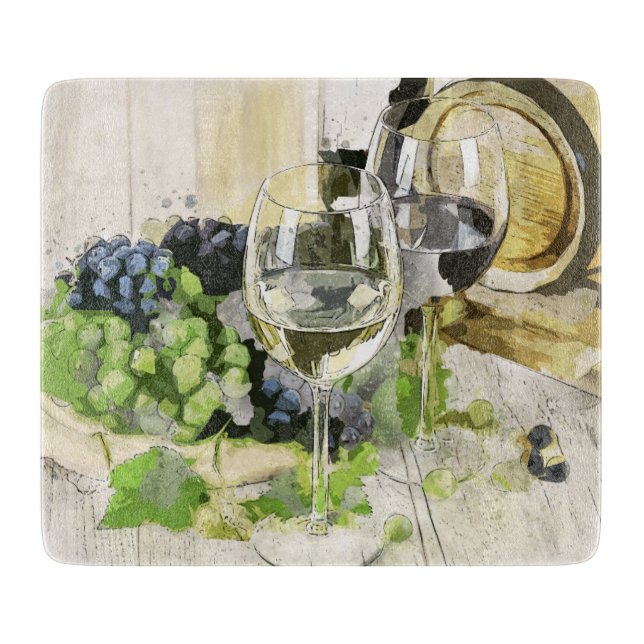 Skärbräda i glas med träfat vin druvor (Framsidan)