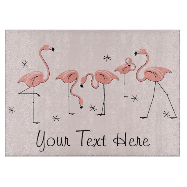 Skärbräda med rosa flock av flamingos text (Framsidan)
