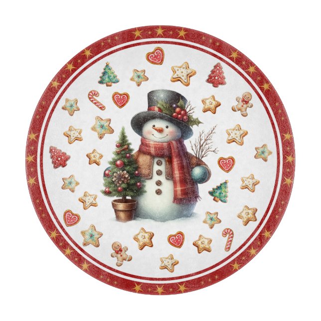 Skärbräda Rund Snömannen och julgodis (Framsidan)