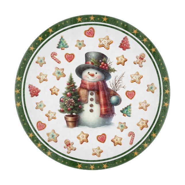 Skärbräda Rund Snömannen och julgodis (Framsidan)