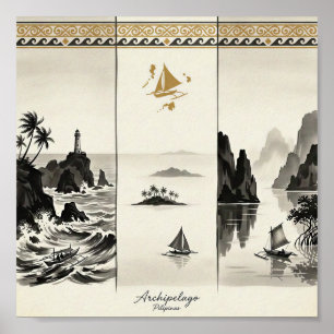 Skärgård-De tre haven i Filippinerna Sumi-e Poster