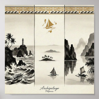 Skärgård-De tre haven i Filippinerna Sumi-e Poster