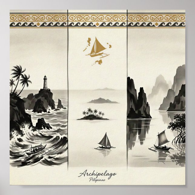 Skärgård-De tre haven i Filippinerna Sumi-e Poster (Framsidan)